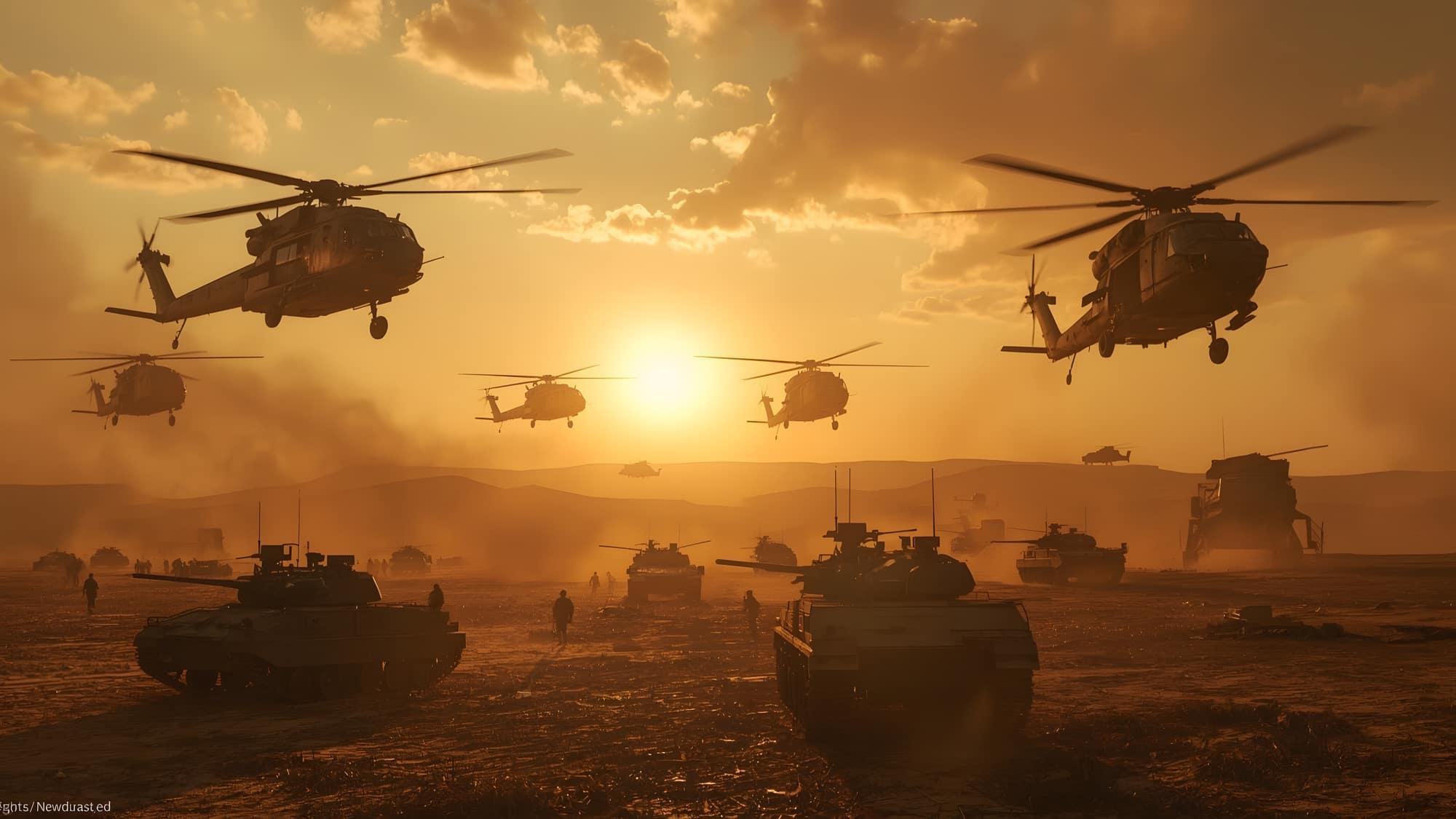 Helicopters and armor at sunset